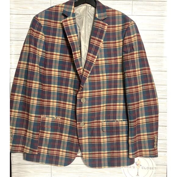 TALLIA Men's plaid multi Blue/Red/Cream Tartan Two-Button‎ Sport Coat Size Large